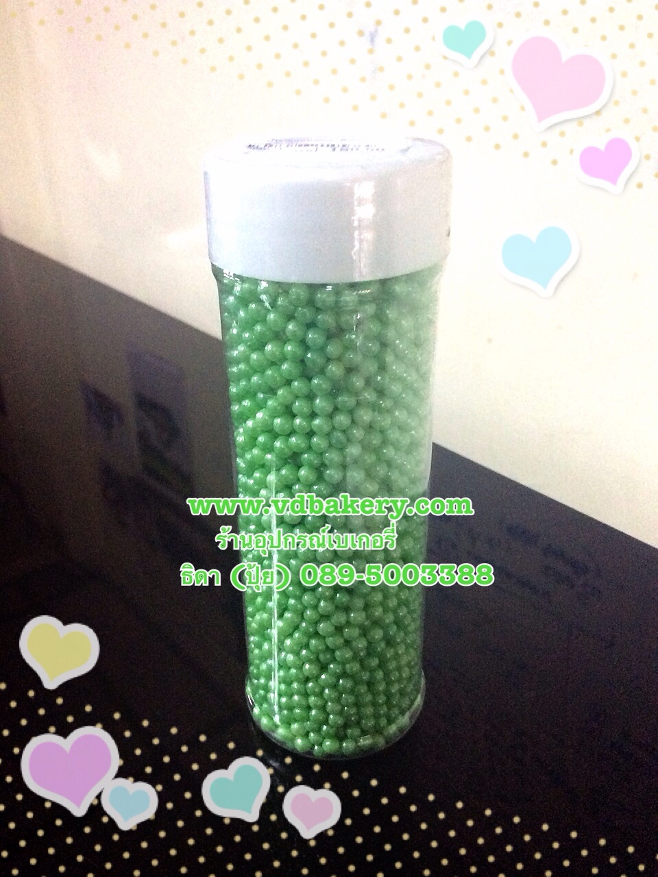 (5i0021) เม็ดน้ำตาลกลม 3 mm. สีเขียว (130 g./ขวด)