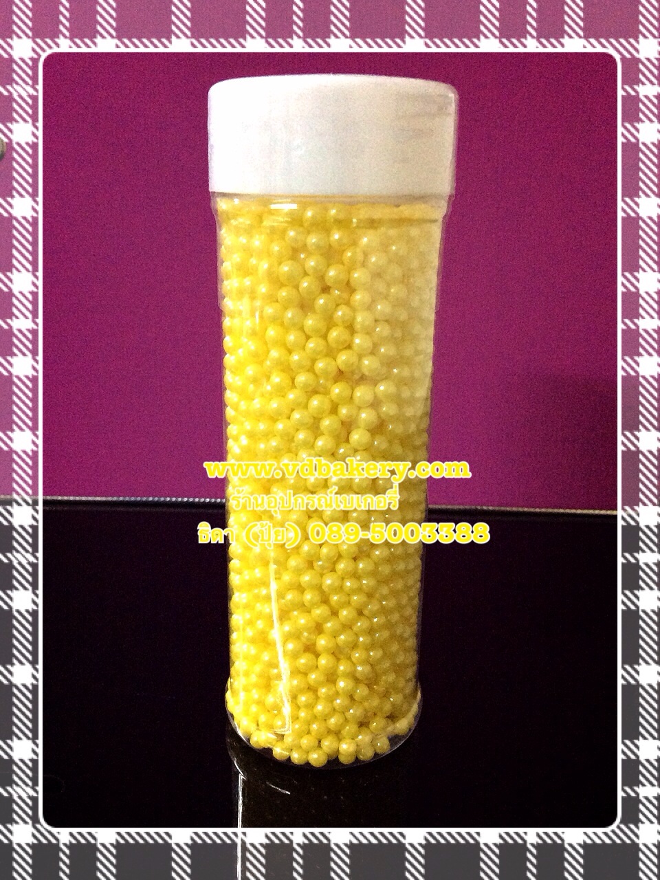 (5i0018) เม็ดน้ำตาลกลม 3 mm. สีเหลือง (130 g./ขวด)